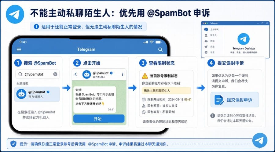 Telegram 账号被限制怎么办?封号、私聊限制与申诉方法 配图 1