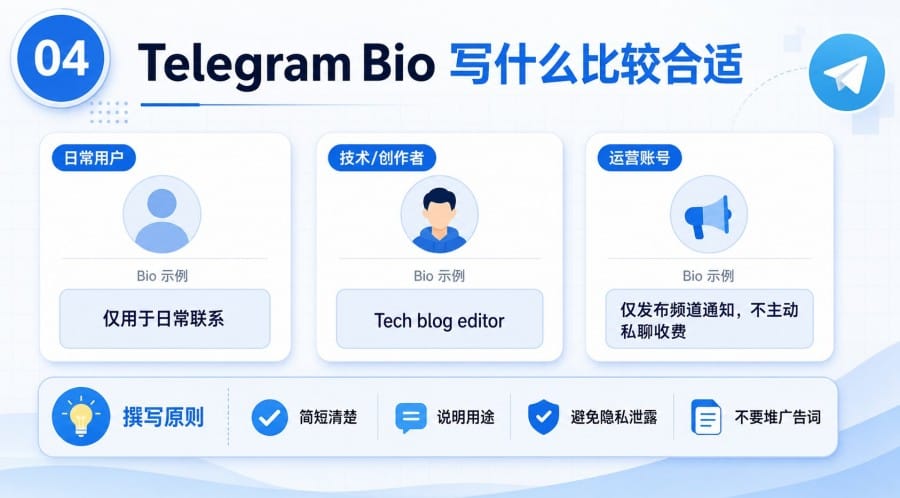 Telegram 个人简介要不要填写？Bio 设置方法、作用与隐私建议 - step 3