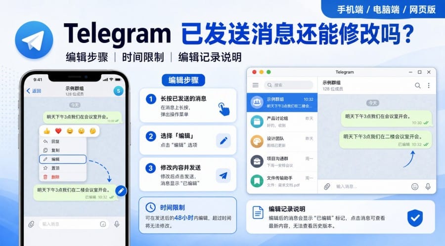 Telegram 已发送消息还能修改吗?编辑步骤、时间限制与记录说明