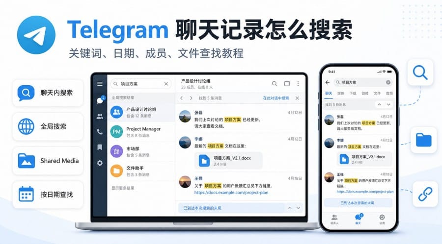 Telegram 聊天记录怎么搜索?按关键词、日期、成员和文件查找旧消息