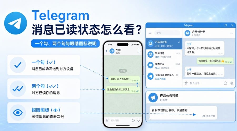 Telegram 消息已读状态怎么看?一个勾、两个勾与眼睛图标说明